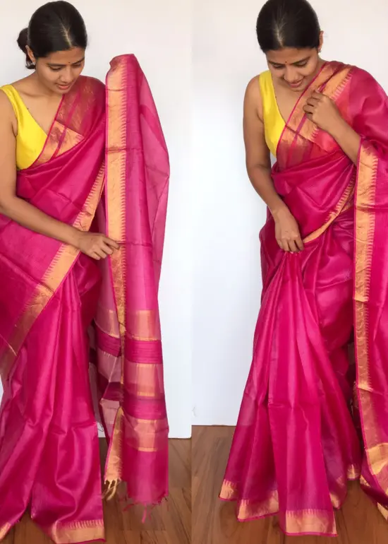Pure Hot Pink Kota Tussar Silk Saree