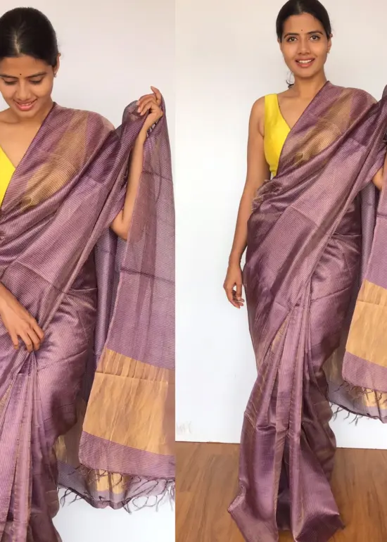 Pure Lilac Tussar Silk Saree with Tissue Silk Zari Weaves