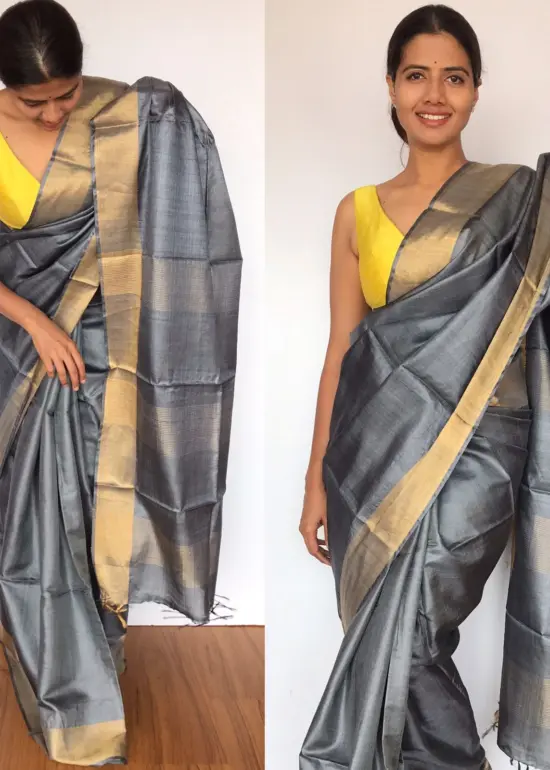 Pure Grey Tussar Silk Saree