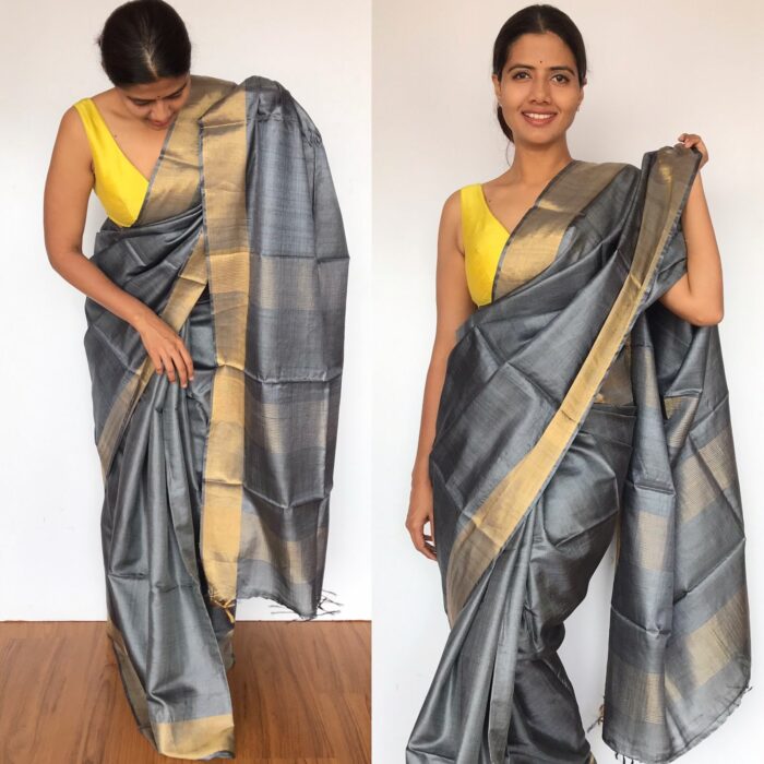 Pure Grey Tussar Silk Saree