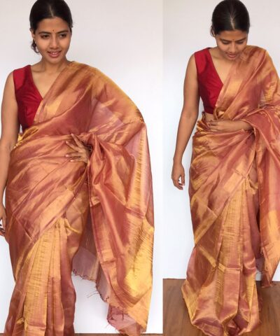 Red Tussar Silk Saree with Tissue Silk Zari Weaves