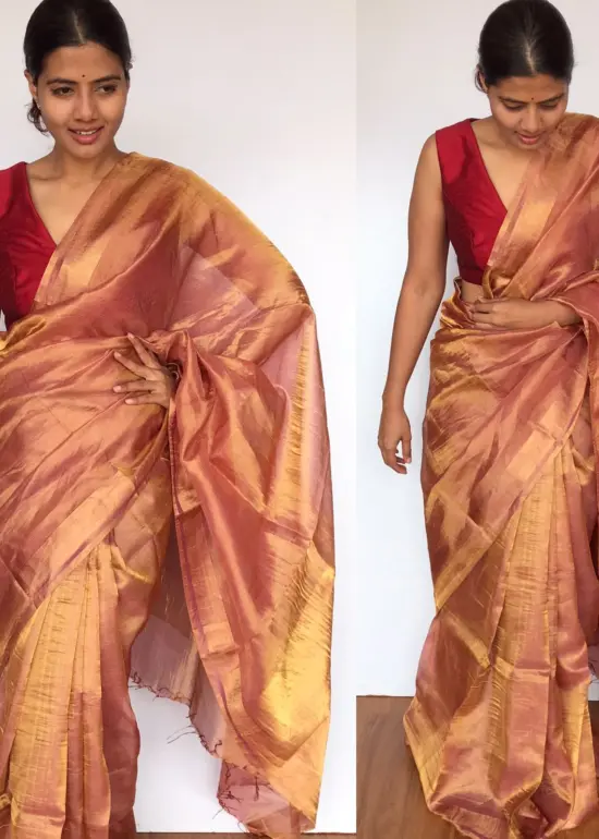 Red Tussar Silk Saree with Tissue Silk Zari Weaves