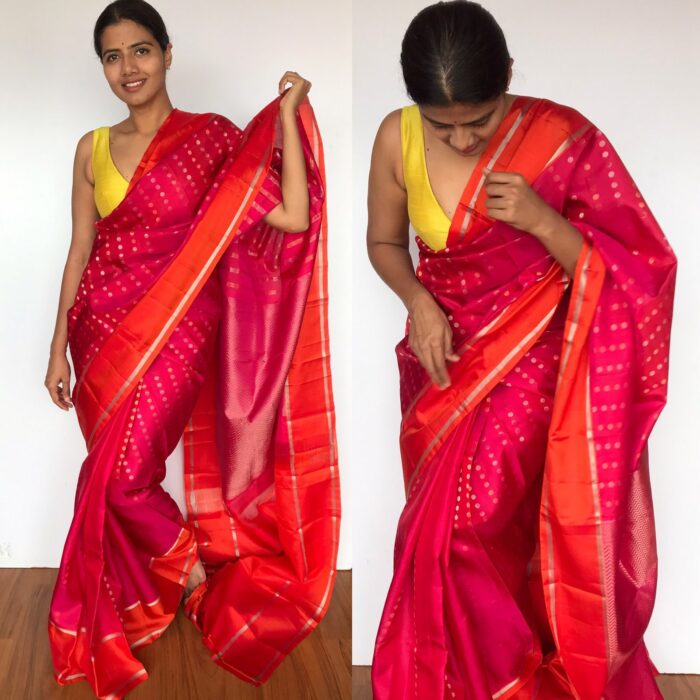 Pink Kanjivaram Silk Saree with Handwoven Zari Buttas