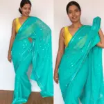 Turquoise Georgette Saree adorned with Mirror Work and highlighted with Gota Work Border - Image 4