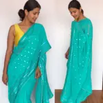 Turquoise Georgette Saree adorned with Mirror Work and highlighted with Gota Work Border - Image 3