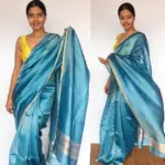 Blue Chiniya Silk Saree with Golden Zari Stripes - Image 2