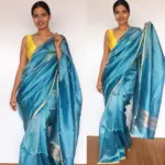 Blue Chiniya Silk Saree with Golden Zari Stripes - Image 3