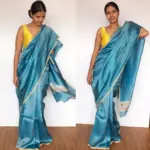 Blue Chiniya Silk Saree with Golden Zari Stripes - Image 4