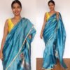 Blue Chiniya Silk Saree with Golden Zari Stripes