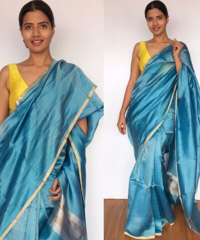 Blue Chiniya Silk Saree with Golden Zari Stripes