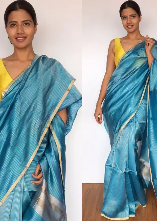 Blue Chiniya Silk Saree with Golden Zari Stripes