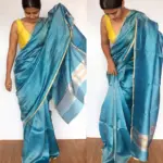 Blue Chiniya Silk Saree with Golden Zari Stripes - Image 5