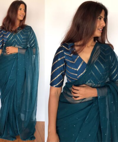 Ocean Blue Chiffon Saree with Badla work