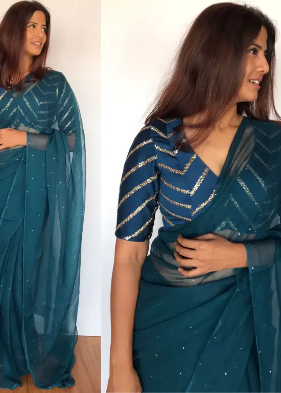 Ocean Blue Chiffon Saree with Badla work