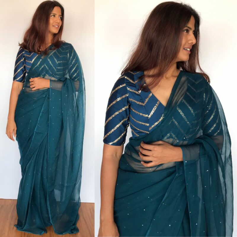 Ocean Blue Chiffon Saree with Badla work