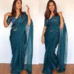 Ocean Blue Chiffon Saree with Badla work - Image 2