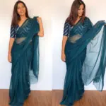 Ocean Blue Chiffon Saree with Badla work - Image 4