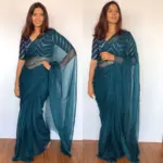 Ocean Blue Chiffon Saree with Badla work - Image 6