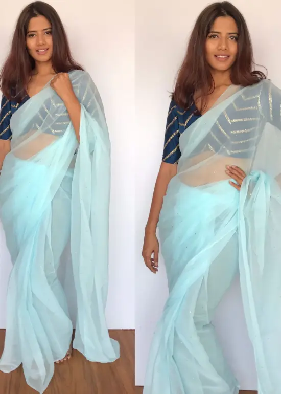 Baby Blue Chiffon Saree with Badla work