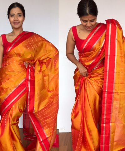 Sunset Orange Pure Kanjivaram Silk Saree with Silver Zari Motifs