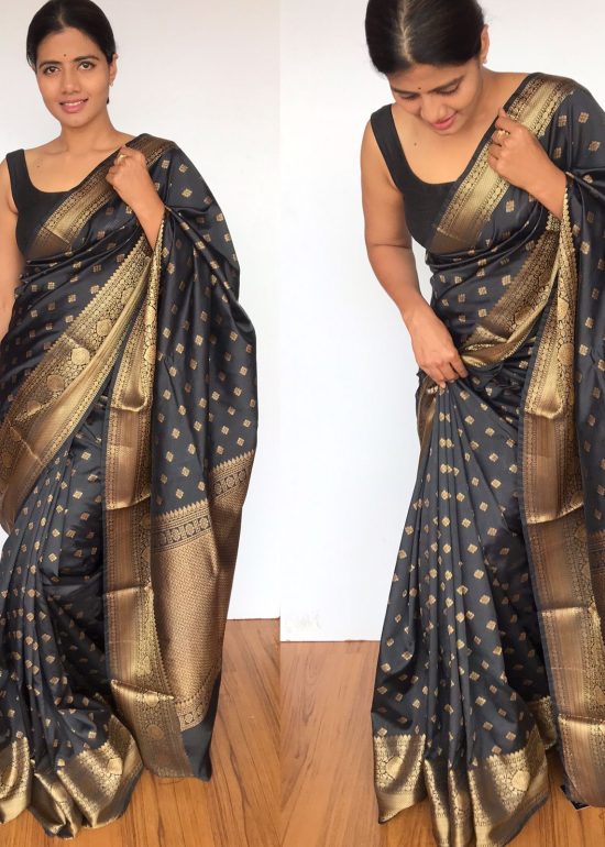 Black Banarasi Silk Saree with Antique Gold Zari Weaves