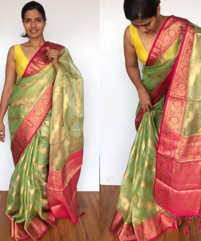 Sea Green Tissue Silk Saree with Gold zari weaves
