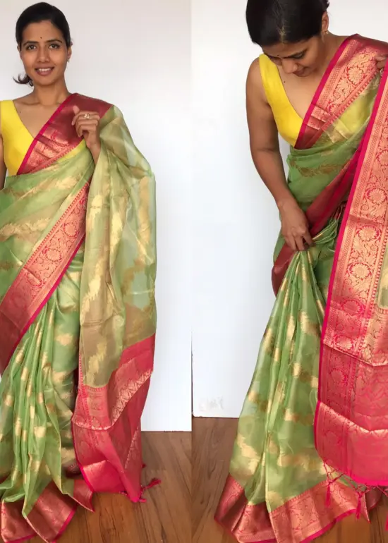 Sea Green Tissue Silk Saree with Gold zari weaves