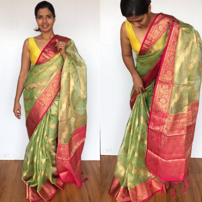 Sea Green Tissue Silk Saree with Gold zari weaves