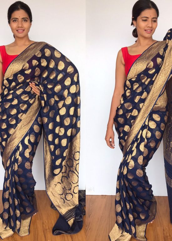 Navyblue Banarasi Georgette Saree with Golden Zari Weaves