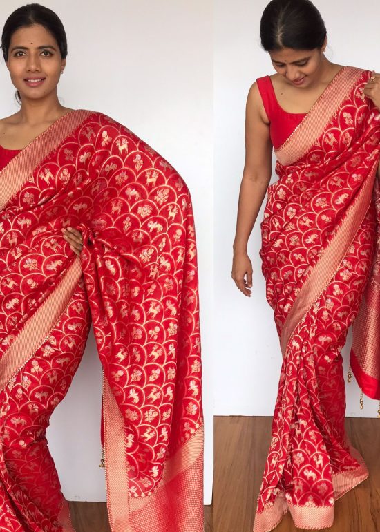 Scarlet Red Banarasi Georgette saree with Golden Zari Deer Motifs