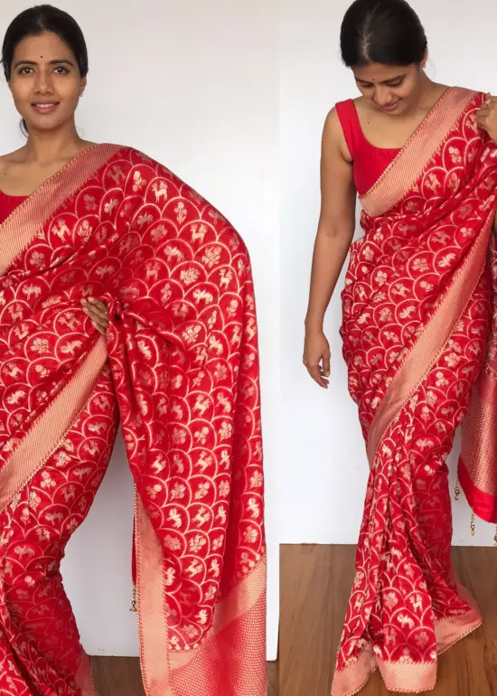 Scarlet Red Banarasi Georgette saree with Golden Zari Deer Motifs