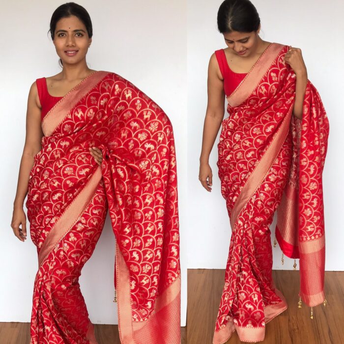 Scarlet Red Banarasi Georgette saree with Golden Zari Deer Motifs