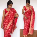 Scarlet Red Banarasi Georgette Saree with Golden Zari Deer Motifs - Image 4
