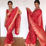 Scarlet Red Banarasi Georgette Saree with Golden Zari Deer Motifs - Image 5