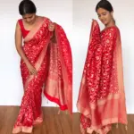 Scarlet Red Banarasi Georgette Saree with Golden Zari Deer Motifs - Image 6