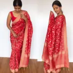 Scarlet Red Banarasi Georgette Saree with Golden Zari Deer Motifs - Image 2