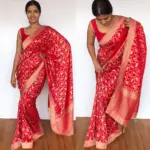 Scarlet Red Banarasi Georgette Saree with Golden Zari Deer Motifs - Image 3