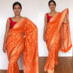 Orange Banarasi Georgette Saree with Golden Zari Deer Motifs - Image 2