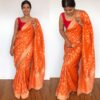 Orange Banarasi Georgette Saree with Golden Zari Deer Motifs