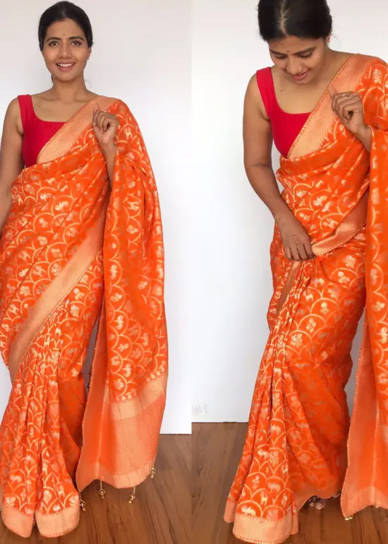 Orange Banarasi Georgette Saree with Golden Zari Deer Motifs