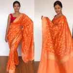 Orange Banarasi Georgette Saree with Golden Zari Deer Motifs - Image 3