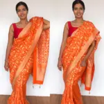 Orange Banarasi Georgette Saree with Golden Zari Deer Motifs - Image 4