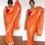 Orange Banarasi Georgette Saree with Golden Zari Deer Motifs - Image 5