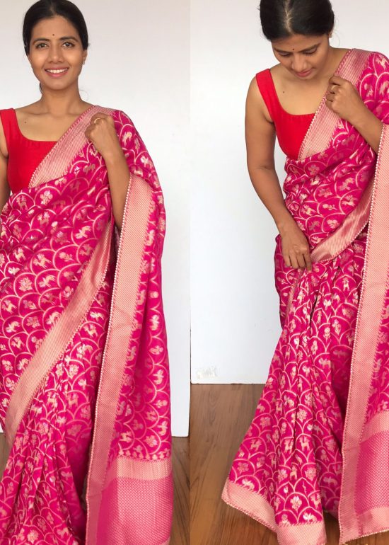 Hot Pink banarasi georgette sarees with gold zari deer motifs