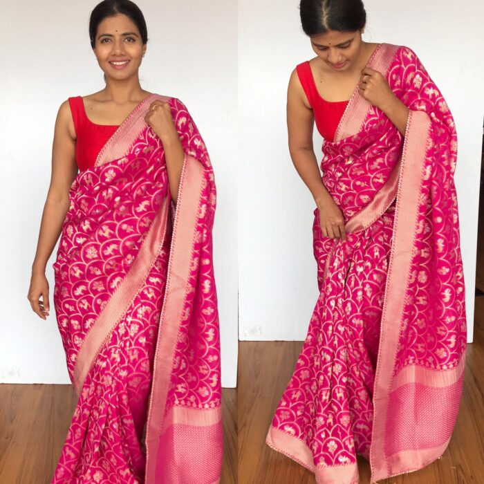 Hot Pink banarasi georgette sarees with gold zari deer motifs