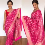 Hot Pink Banarasi Silk Saree in Georgette adorned with Beautiful Gold Zari Deer Motifs - Image 4