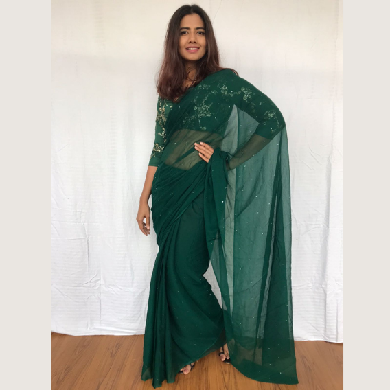 Bottle Green Chiffon Saree with Badla work