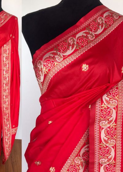Red Banarasi Silk Saree with Gold Zari Weaves