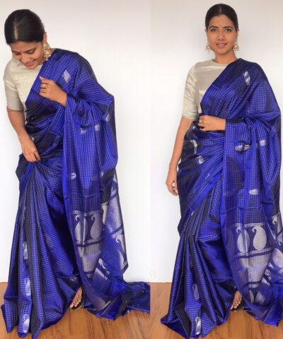Latest Pure Royal Blue Kanjivaram Silk Saree with Silver Zari Weaves