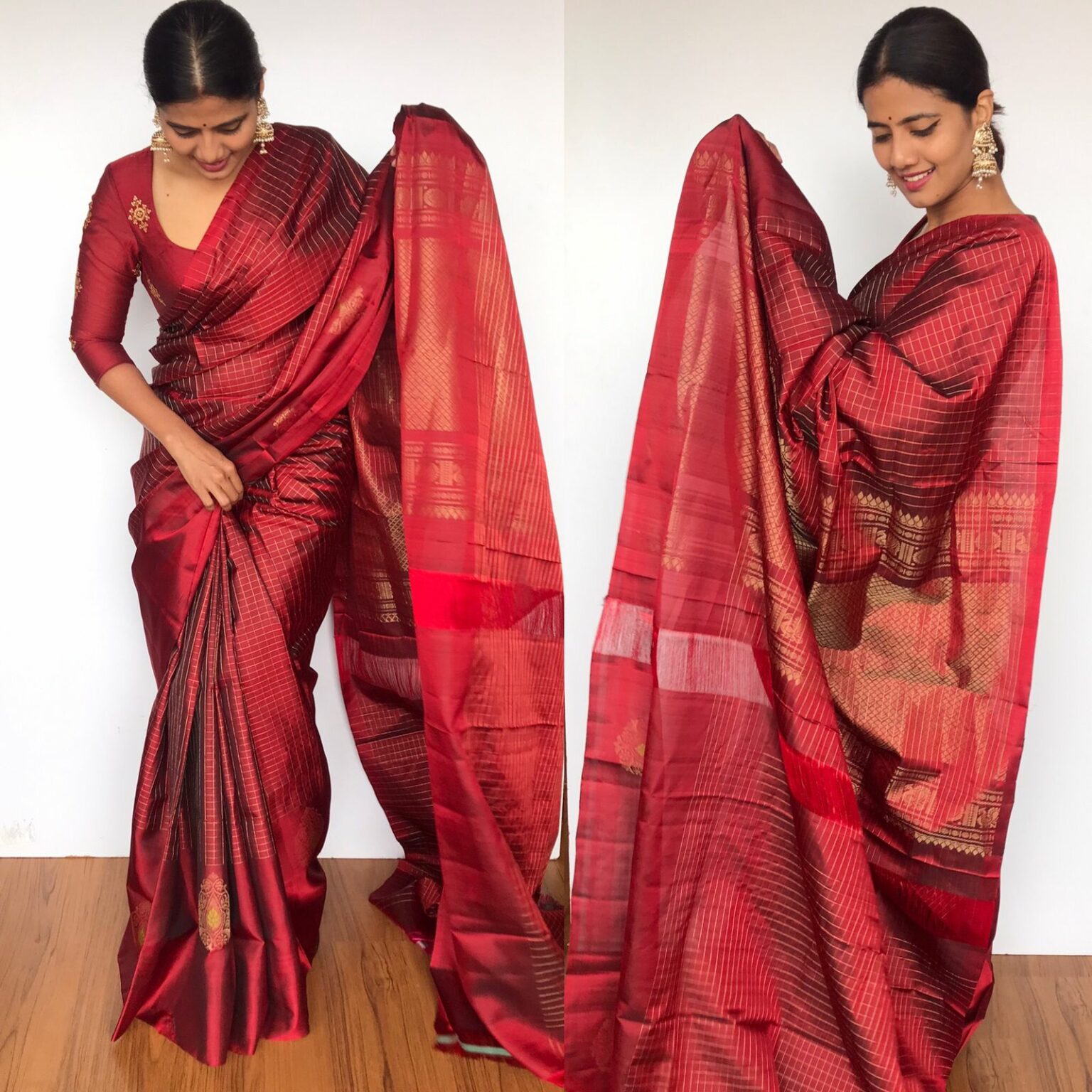 Maroon Pure Kanjivaram Silk Saree with Gold Zari Weaves - Mirra Clothing